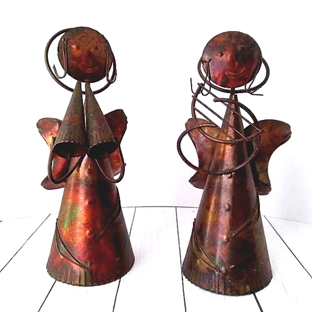 SET OF 2 VINTAGE COPPERY TIN ANGELS W/ INSTRUMENTS COUNTRY CHRISTMAS RETRO DECOR